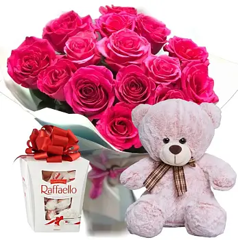 Подарочный набор с розами, Рафаэлло и плюшевым мишкой